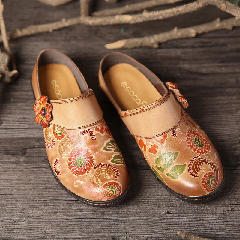 Zapatos Sin Cordones Súper Cómodos De Cuero Genuino Con Estampado Floral Retro En Relieve