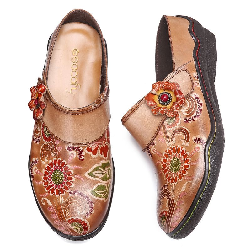 Zapatos Sin Cordones Súper Cómodos De Cuero Genuino Con Estampado Floral Retro En Relieve