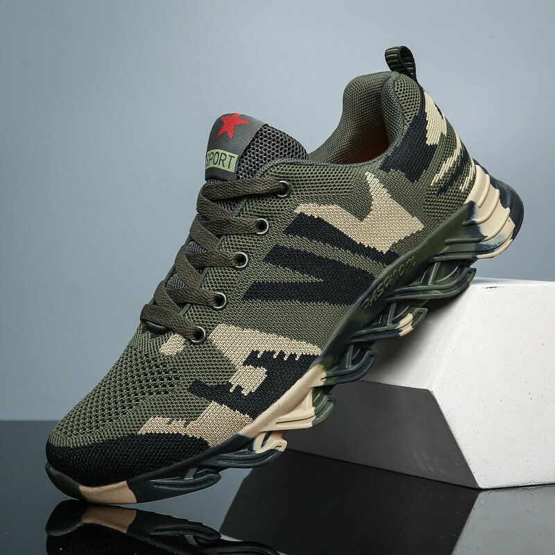 Hombres Camuflaje Tejido De Punto Transpirable Antideslizante Zapatos Para Correr Casuales Suaves