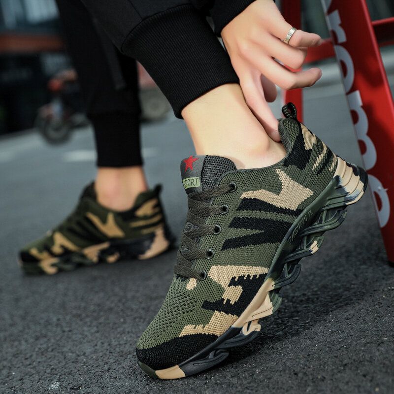 Hombres Camuflaje Tejido De Punto Transpirable Antideslizante Zapatos Para Correr Casuales Suaves