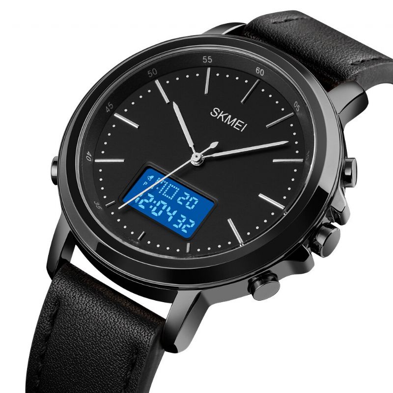 1652 Cronómetro Con Alarma De Cuero Reloj Deportivo Pantalla Luminosa Hombres Reloj Digital De Doble Pantalla Impermeable