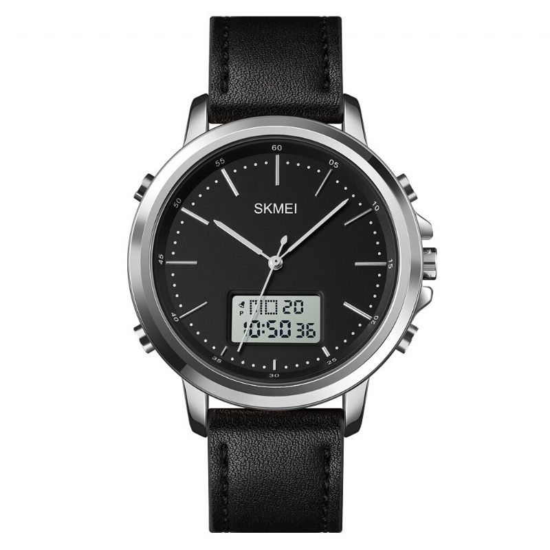 1652 Cronómetro Con Alarma De Cuero Reloj Deportivo Pantalla Luminosa Hombres Reloj Digital De Doble Pantalla Impermeable