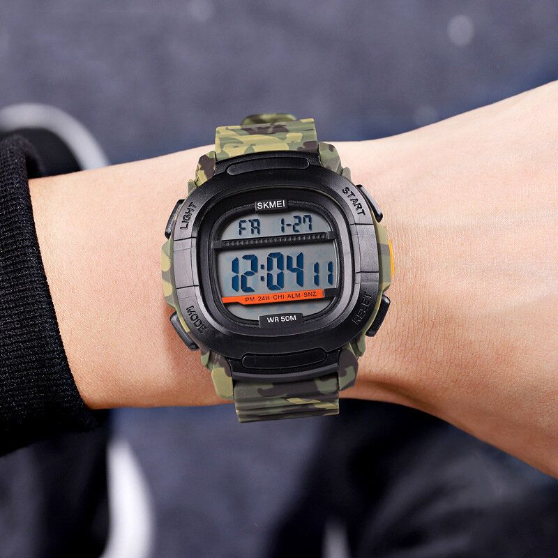 1657 Reloj Deportivo Para Hombre Fecha Semana Pantalla 5atm Cronómetro Impermeable Cuenta Regresiva Luz Led Reloj Digital Para Exteriores