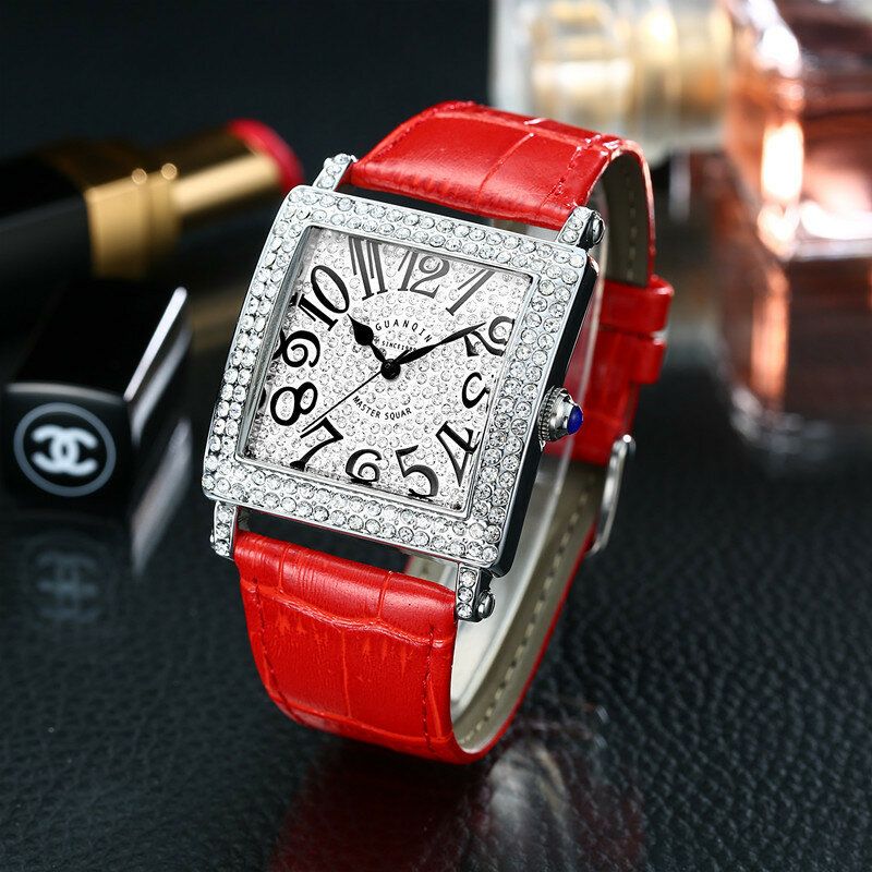 19118 Reloj De Pulsera Unisex Con Rectángulo De Diamantes Reloj De Cuarzo Con Banda De Cuero Genuino Ultrafino