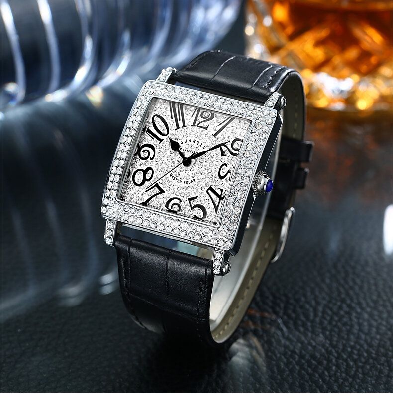 19118 Reloj De Pulsera Unisex Con Rectángulo De Diamantes Reloj De Cuarzo Con Banda De Cuero Genuino Ultrafino