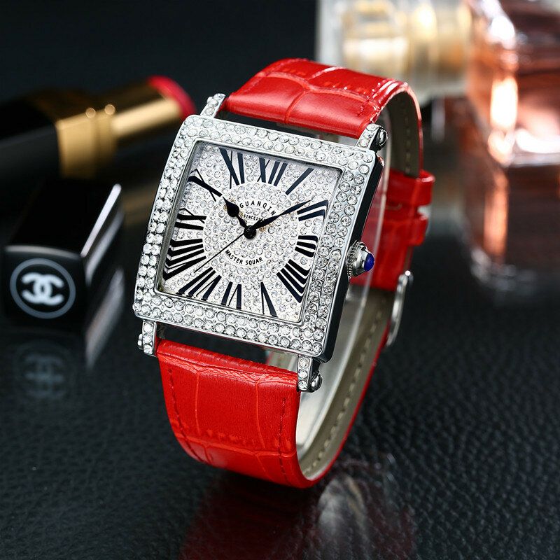 19118 Reloj De Pulsera Unisex Con Rectángulo De Diamantes Reloj De Cuarzo Con Banda De Cuero Genuino Ultrafino