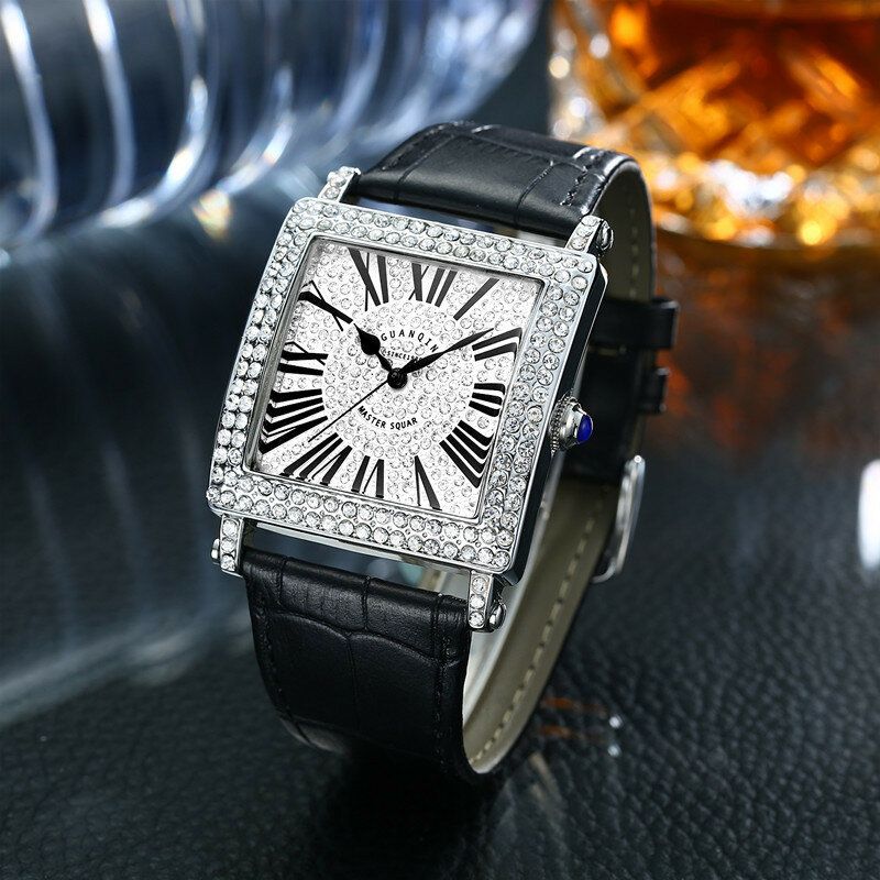 19118 Reloj De Pulsera Unisex Con Rectángulo De Diamantes Reloj De Cuarzo Con Banda De Cuero Genuino Ultrafino