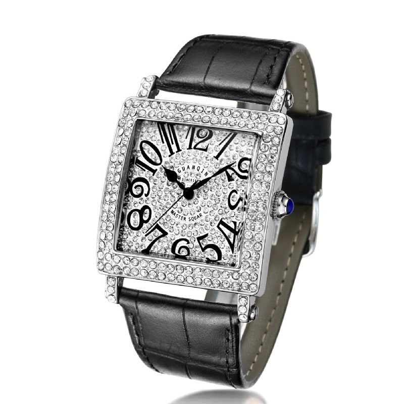 19118 Reloj De Pulsera Unisex Con Rectángulo De Diamantes Reloj De Cuarzo Con Banda De Cuero Genuino Ultrafino