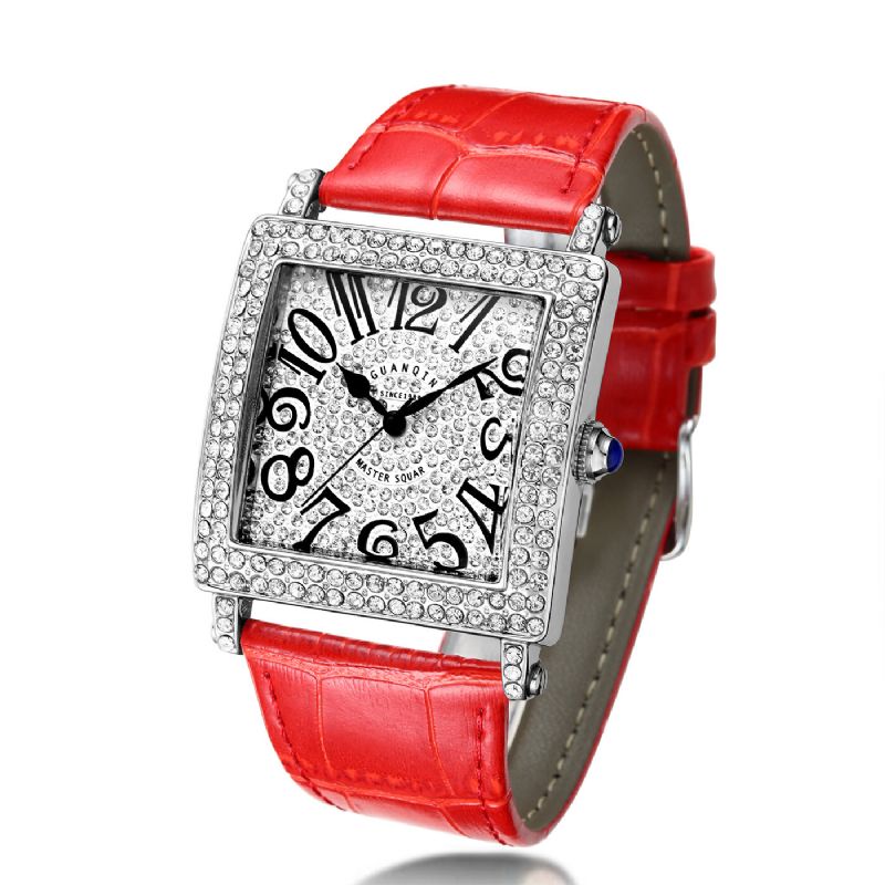 19118 Reloj De Pulsera Unisex Con Rectángulo De Diamantes Reloj De Cuarzo Con Banda De Cuero Genuino Ultrafino