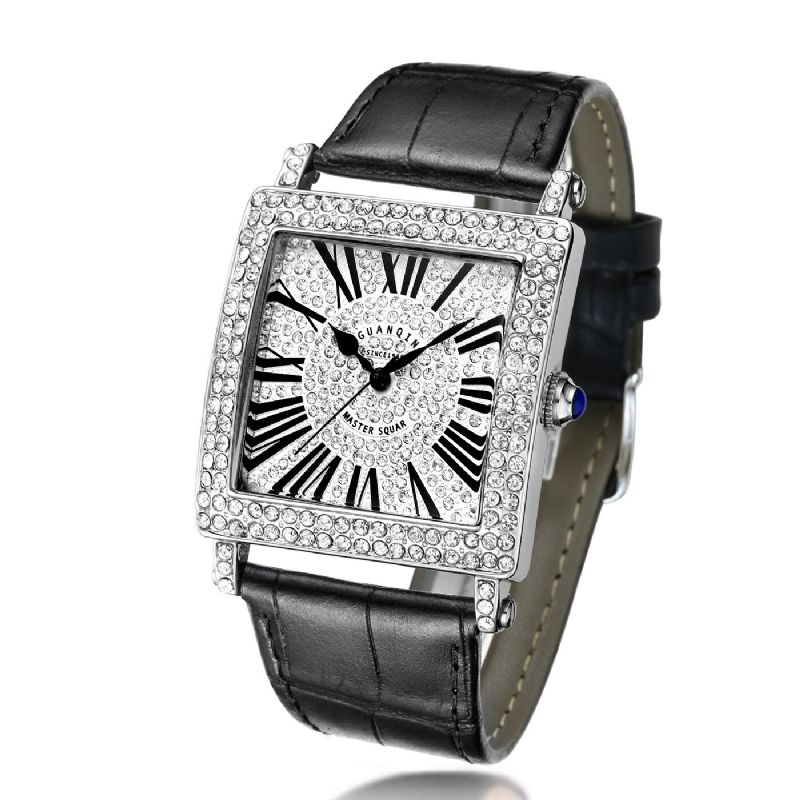 19118 Reloj De Pulsera Unisex Con Rectángulo De Diamantes Reloj De Cuarzo Con Banda De Cuero Genuino Ultrafino