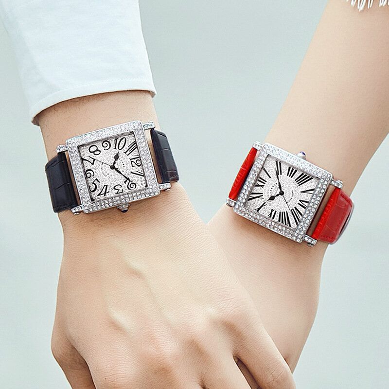 19118 Reloj De Pulsera Unisex Con Rectángulo De Diamantes Reloj De Cuarzo Con Banda De Cuero Genuino Ultrafino