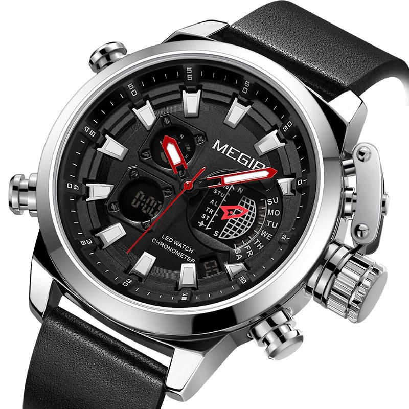 2090 Reloj Digital De Moda Para Hombre Cronógrafo Pantalla Luminosa Correa De Cuero Impermeable Reloj De Doble Pantalla