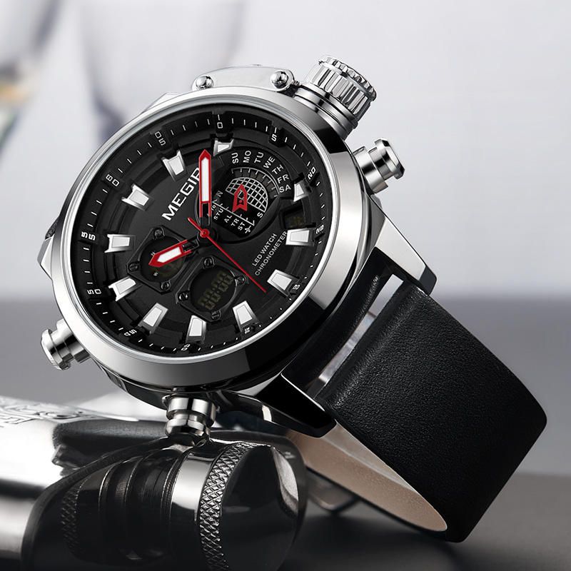 2090 Reloj Digital De Moda Para Hombre Cronógrafo Pantalla Luminosa Correa De Cuero Impermeable Reloj De Doble Pantalla