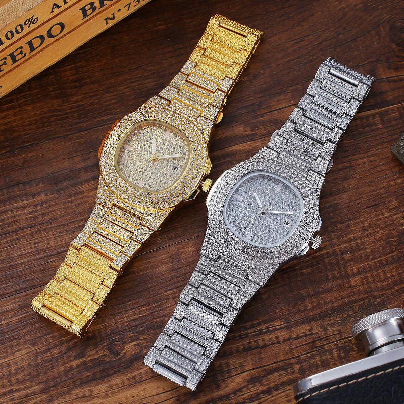 2pcs Set Lujo Moda Mujer Reloj De Pulsera Set Bling Incrustaciones De Diamantes De Imitación Reloj De Cuarzo Regalo De La Joyería