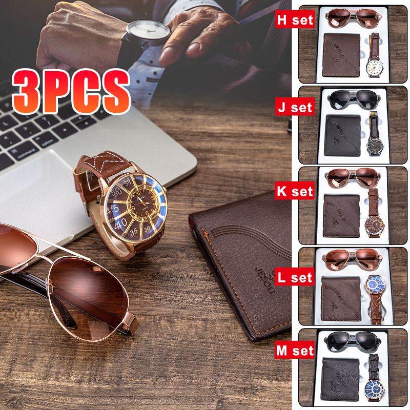 3pcs Set De Regalo De Moda Para Hombres Reloj De Cuarzo De Estilo Empresarial + Monedero + Juego De Gafas De Sol