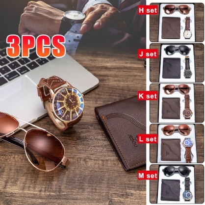 3pcs Set De Regalo De Moda Para Hombres Reloj De Cuarzo De Estilo Empresarial + Monedero + Juego De Gafas De Sol