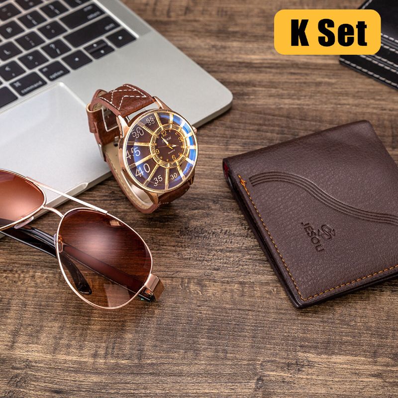 3pcs Set De Regalo De Moda Para Hombres Reloj De Cuarzo De Estilo Empresarial + Monedero + Juego De Gafas De Sol