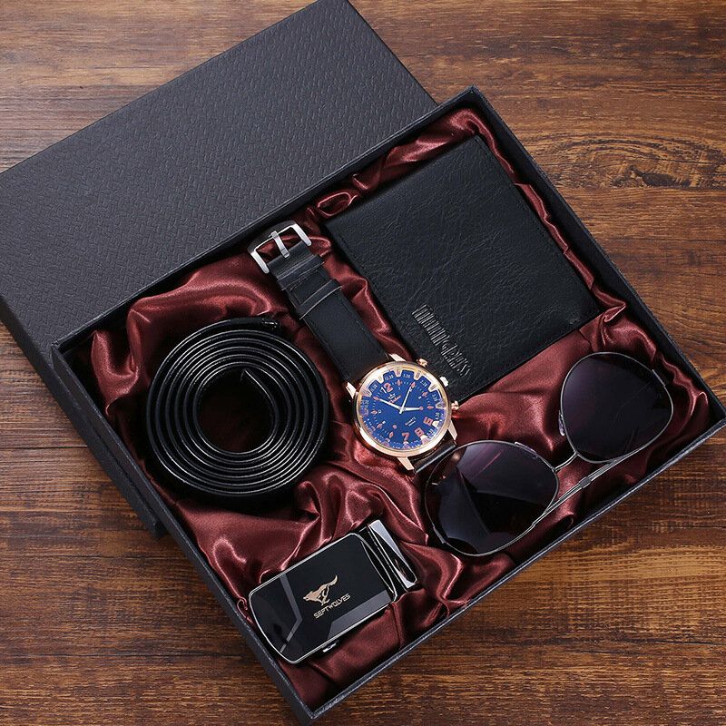 4pcs Set Reloj De Pulsera Para Hombre Set Reloj De Cuarzo Con Correa De Cuero Pu + Gafas De Sol + Cinturón + Cartera Regalo De Empresa