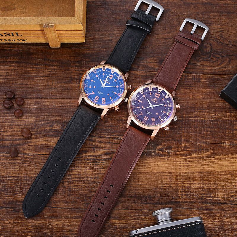 4pcs Set Reloj De Pulsera Para Hombre Set Reloj De Cuarzo Con Correa De Cuero Pu + Gafas De Sol + Cinturón + Cartera Regalo De Empresa