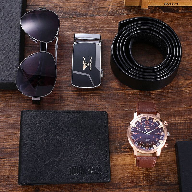 4pcs Set Reloj De Pulsera Para Hombre Set Reloj De Cuarzo Con Correa De Cuero Pu + Gafas De Sol + Cinturón + Cartera Regalo De Empresa