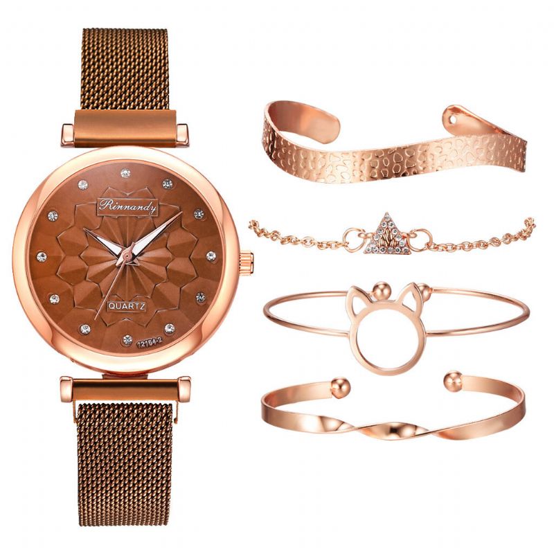 5 Pcs Combinación Mujeres Reloj De Pulsera Conjunto Flor Dial Malla Banda De Acero Reloj De Cuarzo