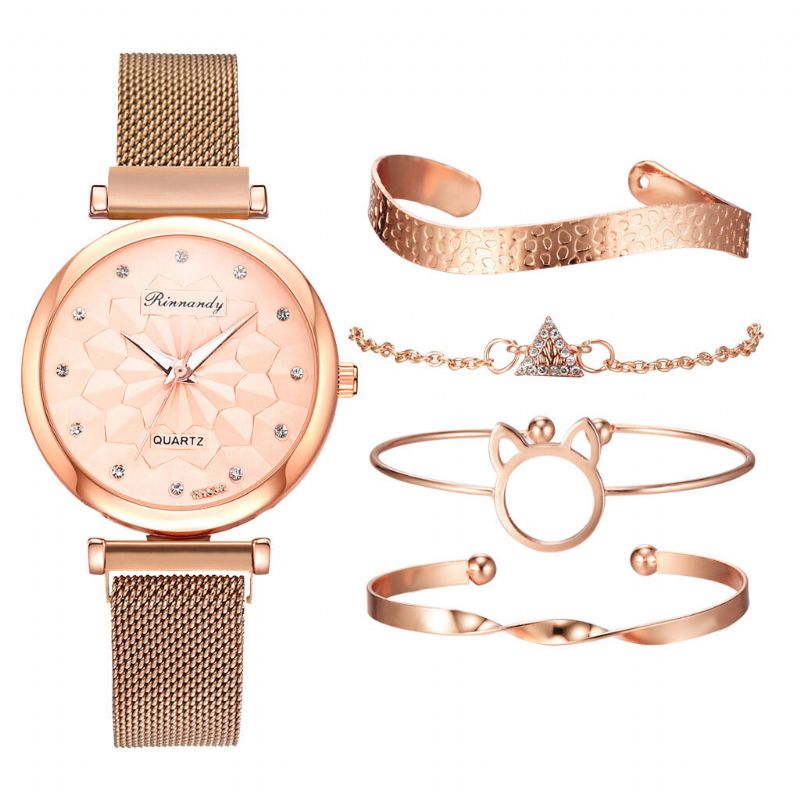 5 Pcs Combinación Mujeres Reloj De Pulsera Conjunto Flor Dial Malla Banda De Acero Reloj De Cuarzo