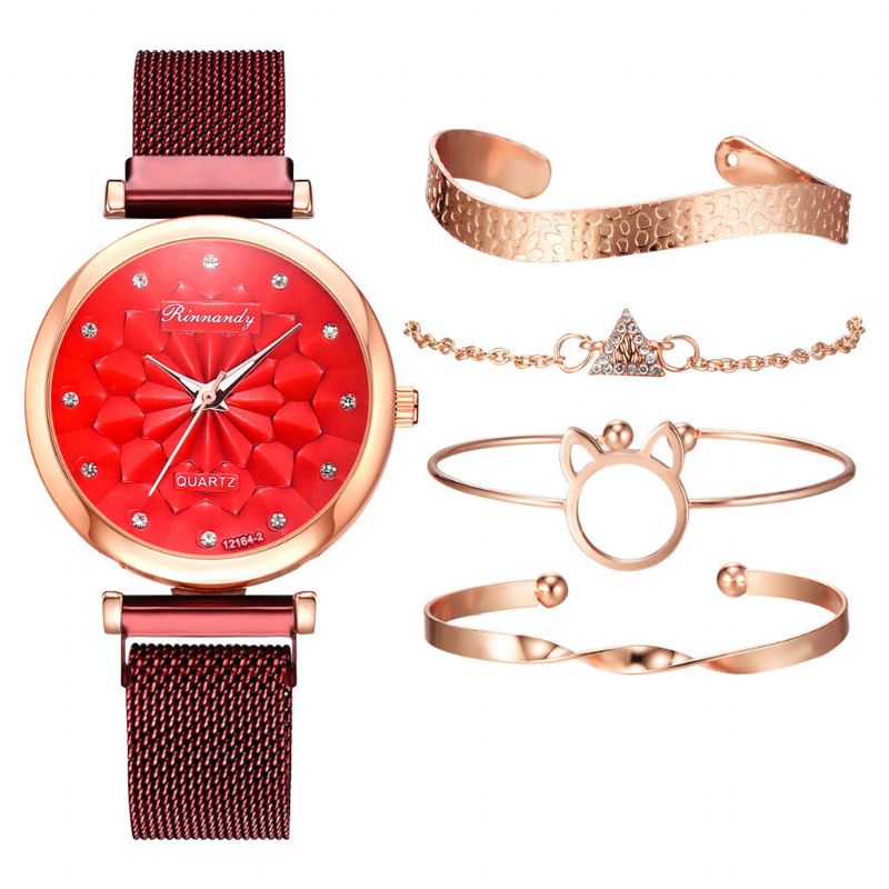 5 Pcs Combinación Mujeres Reloj De Pulsera Conjunto Flor Dial Malla Banda De Acero Reloj De Cuarzo