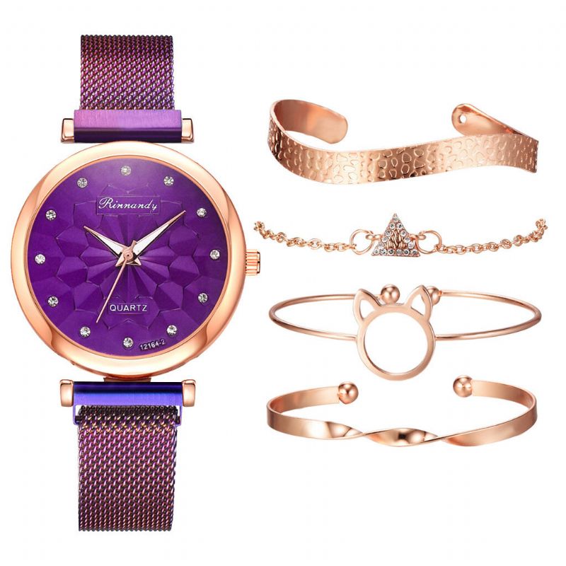 5 Pcs Combinación Mujeres Reloj De Pulsera Conjunto Flor Dial Malla Banda De Acero Reloj De Cuarzo