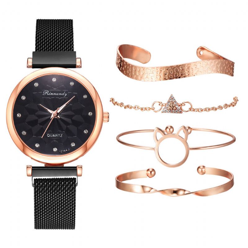 5 Pcs Combinación Mujeres Reloj De Pulsera Conjunto Flor Dial Malla Banda De Acero Reloj De Cuarzo