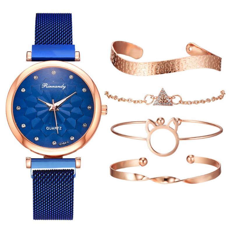 5 Pcs Combinación Mujeres Reloj De Pulsera Conjunto Flor Dial Malla Banda De Acero Reloj De Cuarzo