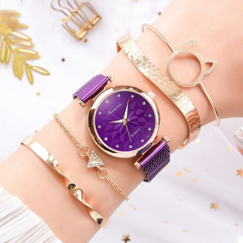 5 Pcs Combinación Mujeres Reloj De Pulsera Conjunto Flor Dial Malla Banda De Acero Reloj De Cuarzo