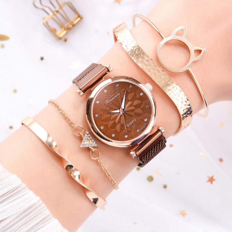 5 Pcs Combinación Mujeres Reloj De Pulsera Conjunto Flor Dial Malla Banda De Acero Reloj De Cuarzo