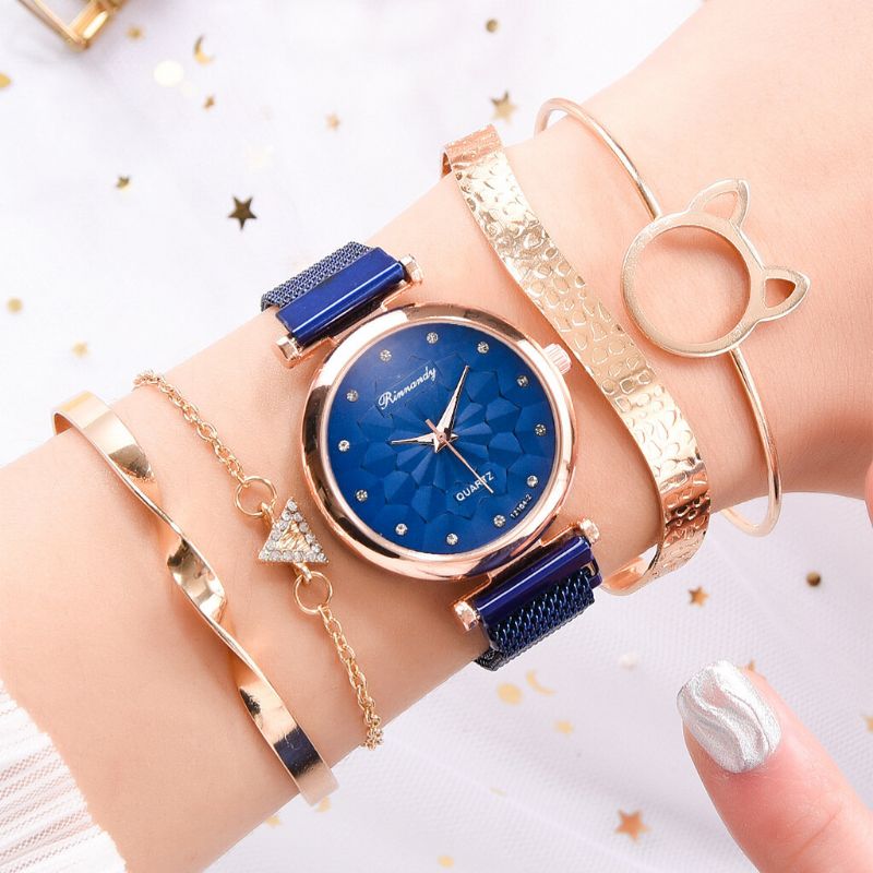 5 Pcs Combinación Mujeres Reloj De Pulsera Conjunto Flor Dial Malla Banda De Acero Reloj De Cuarzo