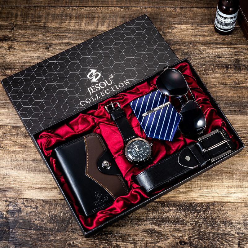 5 Piezas Set Business Gift Kit Cronógrafo Hombres Reloj De Cuarzo Reloj De Pulsera Cinturón Cartera Gafas Corbata