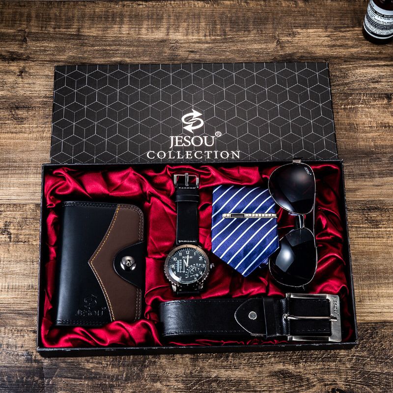 5 Piezas Set Business Gift Kit Cronógrafo Hombres Reloj De Cuarzo Reloj De Pulsera Cinturón Cartera Gafas Corbata