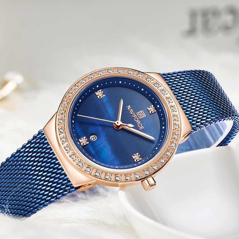 5005 Diamantes Estilo Casual Reloj De Pulsera Para Mujer Reloj De Cuarzo Con Pantalla De Fecha Y Malla De Acero