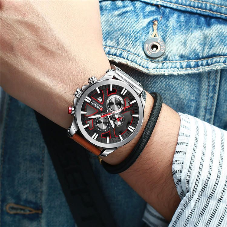 8346 Reloj De Pulsera Cronógrafo Deportivo Para Hombre Reloj De Pulsera De Cuero Reloj De Cuarzo