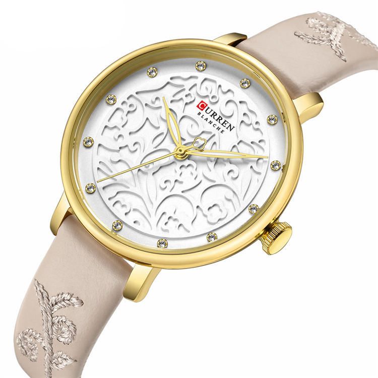 9046 Reloj De Pulsera De Mujer Con Banda De Cuero De Cristal Reloj De Cuarzo De Diseño Elegante