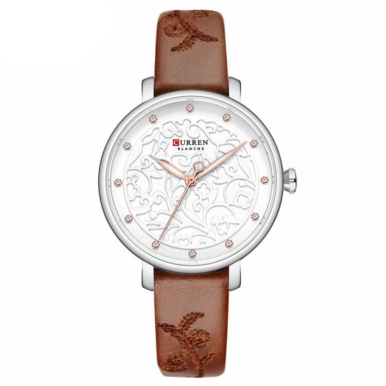 9046 Reloj De Pulsera De Mujer Con Banda De Cuero De Cristal Reloj De Cuarzo De Diseño Elegante