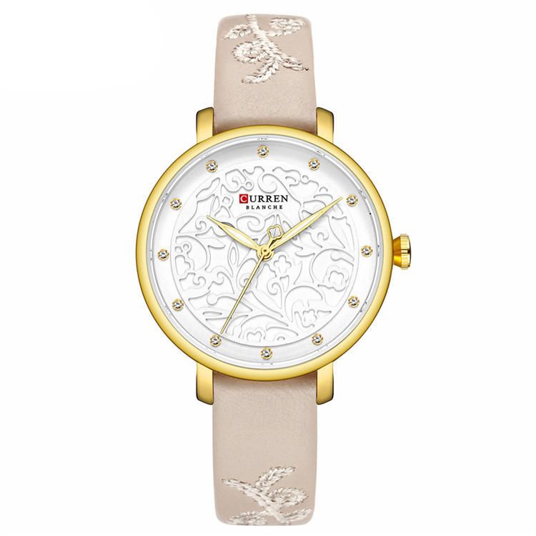 9046 Reloj De Pulsera De Mujer Con Banda De Cuero De Cristal Reloj De Cuarzo De Diseño Elegante