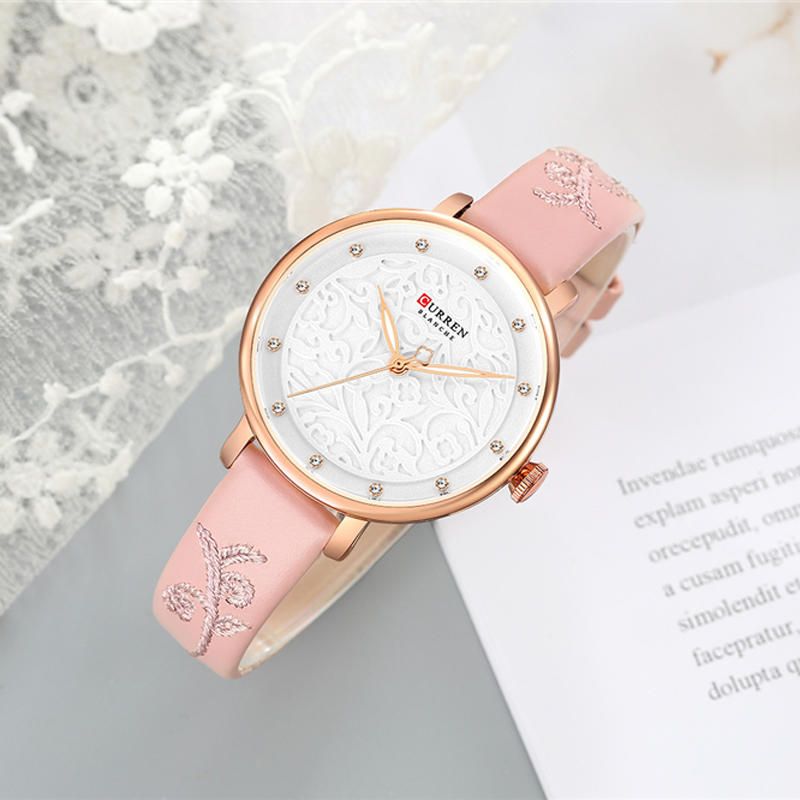 9046 Reloj De Pulsera De Mujer Con Banda De Cuero De Cristal Reloj De Cuarzo De Diseño Elegante