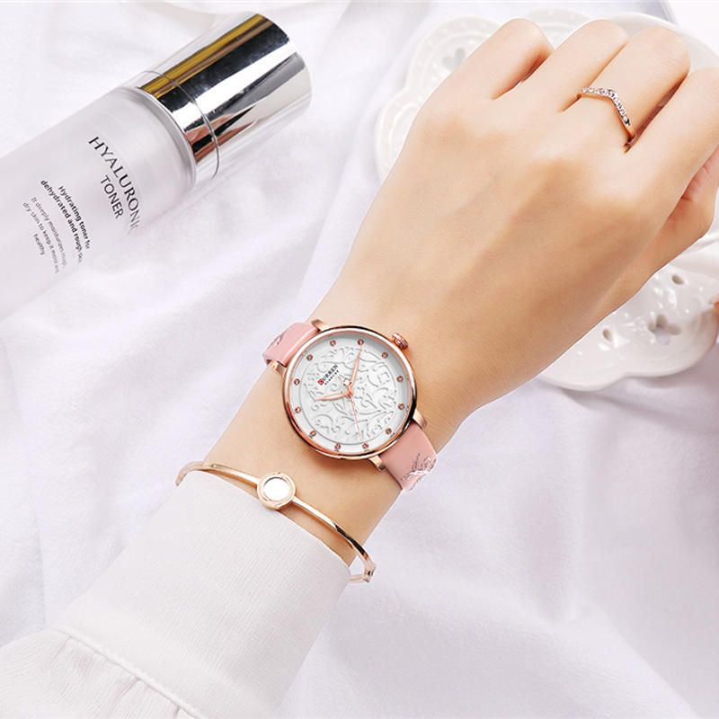 9046 Reloj De Pulsera De Mujer Con Banda De Cuero De Cristal Reloj De Cuarzo De Diseño Elegante