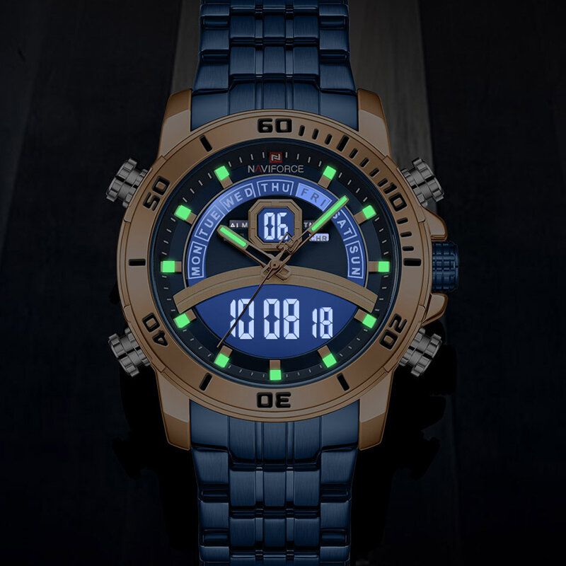 9181s Reloj De Pulsera Con Cronógrafo De Doble Pantalla De Acero Completo Para Hombre Reloj De Cuarzo De Mano Luminosa