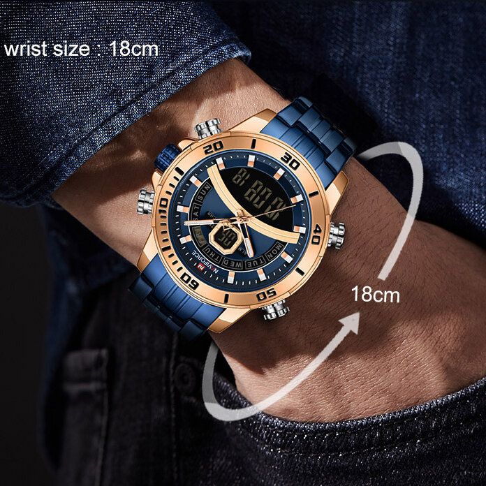 9181s Reloj De Pulsera Con Cronógrafo De Doble Pantalla De Acero Completo Para Hombre Reloj De Cuarzo De Mano Luminosa