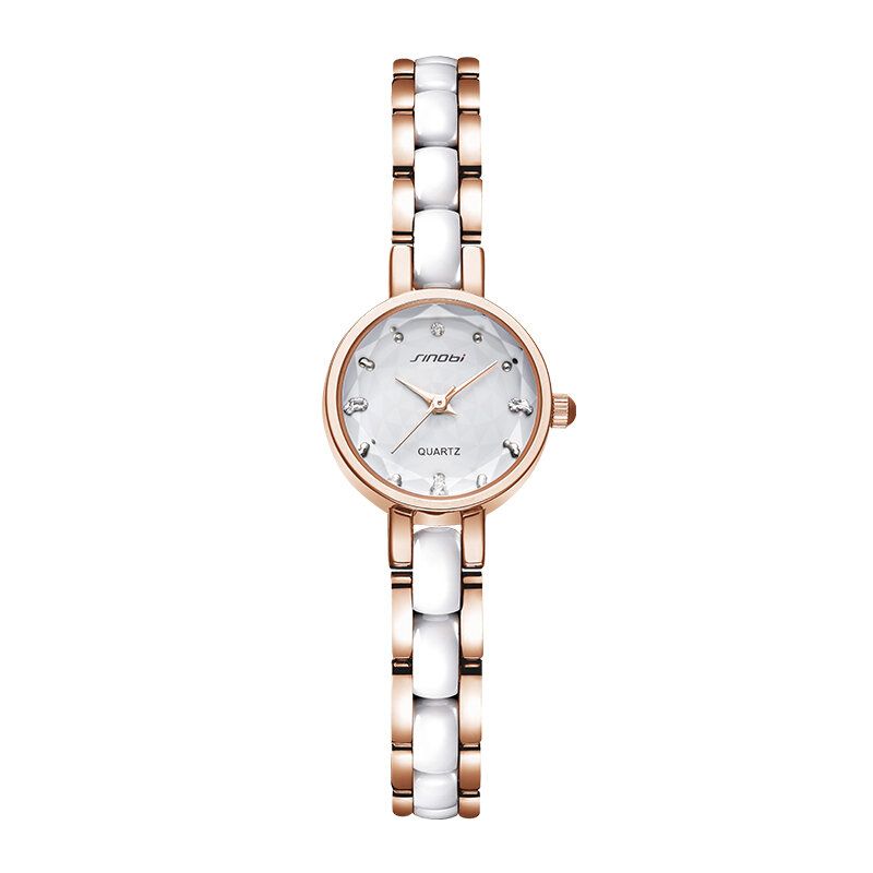 9836 Mujeres Simple De Tres Pines Crytal Diamonds Dial Moda Reloj De Cuarzo Con Correa De Acero De Cerámica