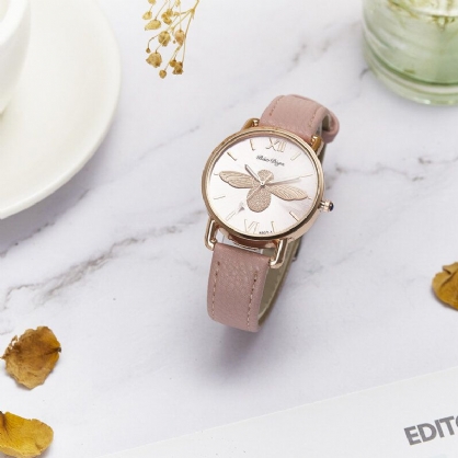 A0554 Relojes Lindos De Moda Para Mujer Caja De Oro Rosa Banda De Cuero Números Romanos Relojes De Cuarzo De Abeja