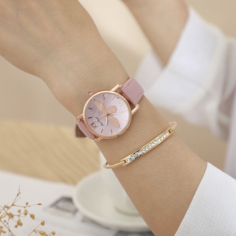 A0554 Relojes Lindos De Moda Para Mujer Caja De Oro Rosa Banda De Cuero Números Romanos Relojes De Cuarzo De Abeja