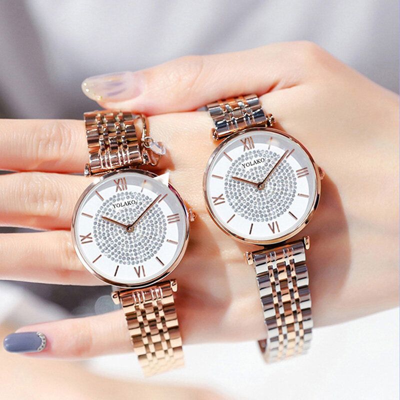 A0566 Relojes De Mujer Elegantes De Moda Aleación Completa Números Romanos Diamantes De Imitación Relojes De Cuarzo Con Esfera De Montaje