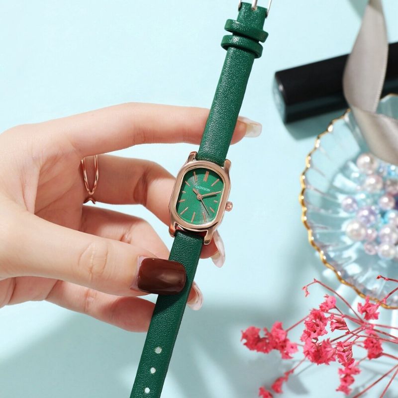 A0q16 Reloj De Pulsera Ovalado Con Esfera Pequeña Para Mujer Reloj De Cuarzo Con Banda De Cuero Pu