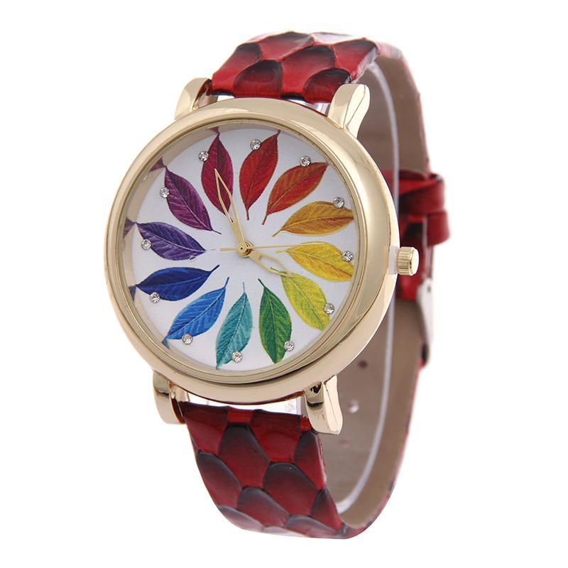 Al0812 Reloj De Mujer Con Imagen De Arce Reloj De Pulsera De Cuarzo De Cuero Genuino